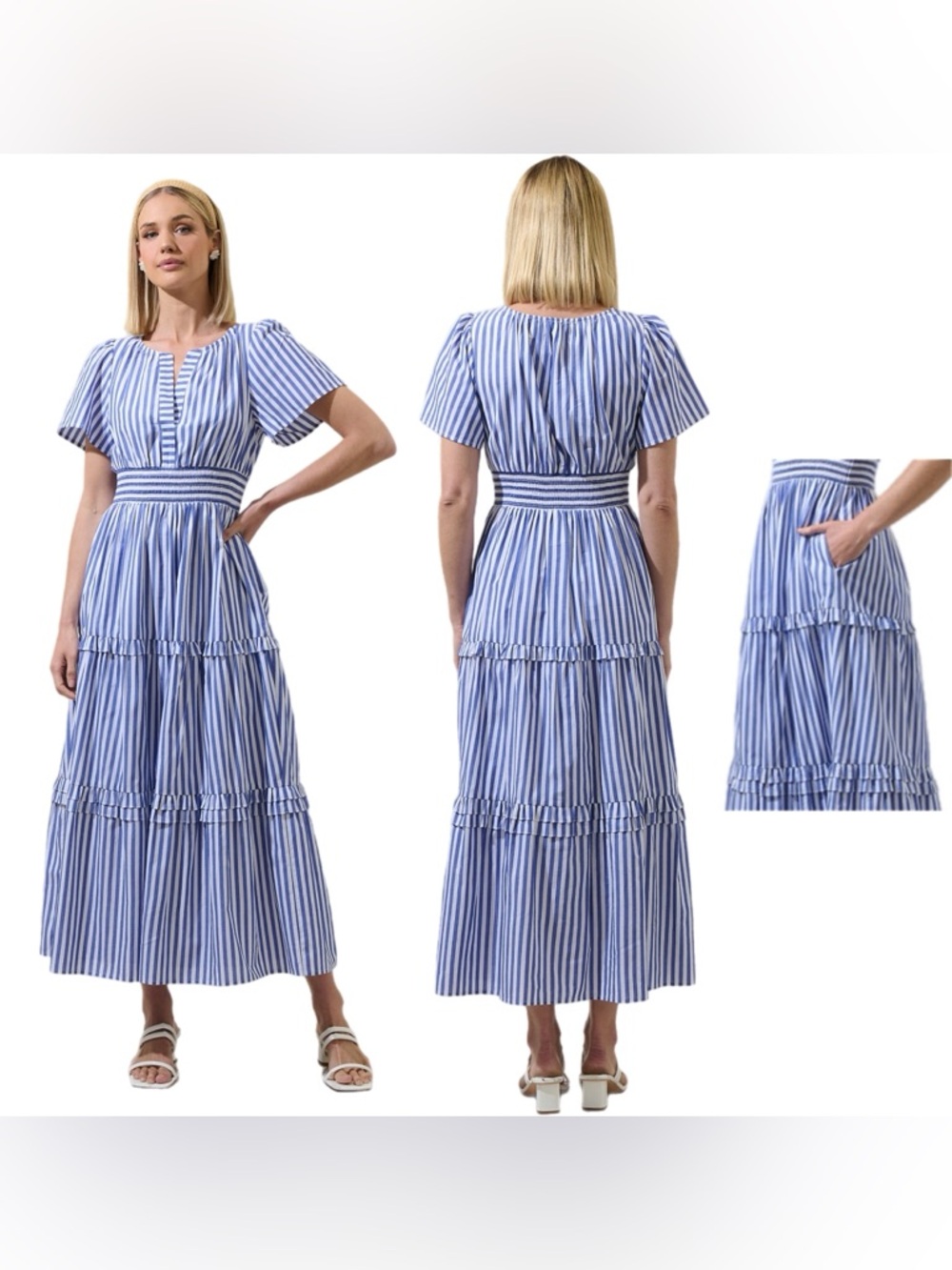 Sugar Lips Brandy Palmer Poplin Tiered Maxi Dress M Blue White NWT